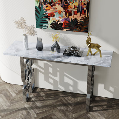 55 Inch Grey Faux Marble Console Table With Mirrored Silver Metal Geometric Base