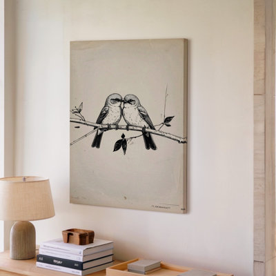 Toile, art mural Une esquisse en noir et blanc de deux oiseaux perchés sur une branche