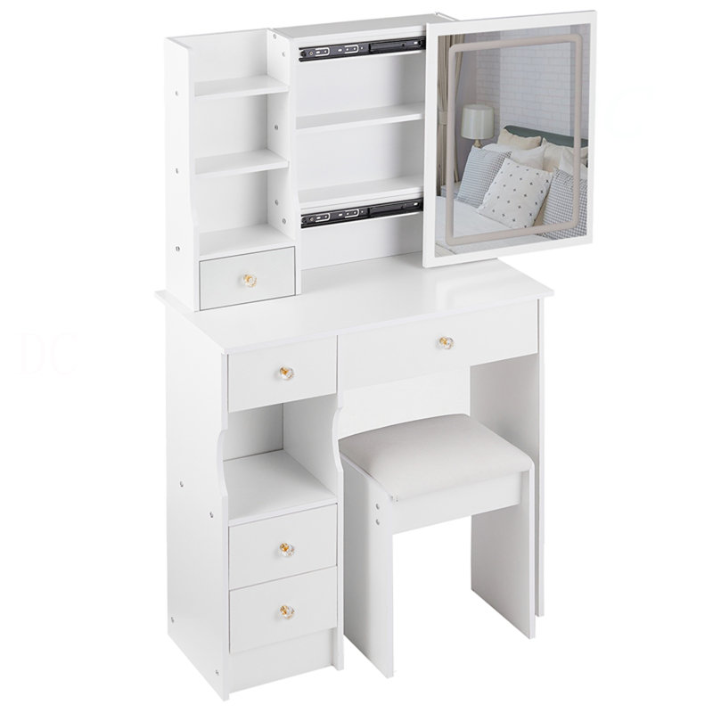 Petit meuble-lavabo de 29,2 po avec tabouret de bureau et tabouret rembourré à gauche 29,5 po, grande commande tactile, interrupteur tricolore, miroir à luminosité réglable, rangement à grande capacité, convient aux petits espaces