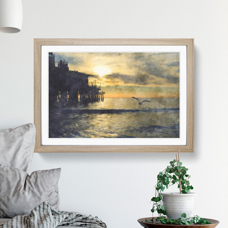 Seagull by the Pier - Picture Frame Graphic Art, 27cm H x 36cm W x 2cm D, Oak Framed