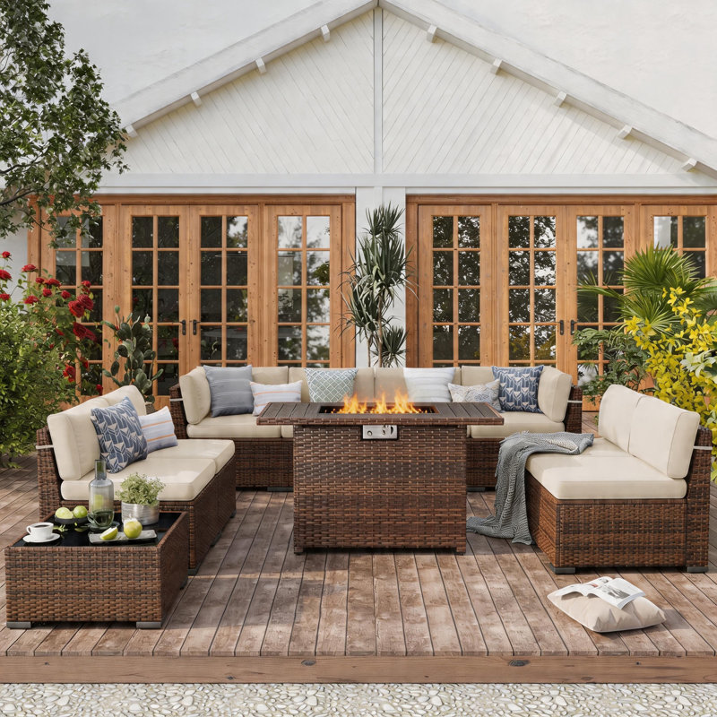 Ensemble de conversation modulaire en rotin pour 8 personnes avec coussins, Beige, Oui