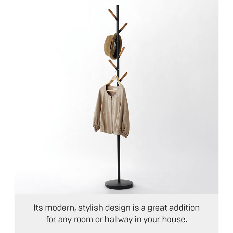 Sleek Yamazaki Black Freestanding Coat Rack with Wood-Tipped Hooks