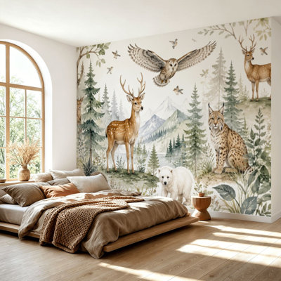 Wall Mural Peel and Stick Wallpaper woodland deer owl hedgehog Self-Adhesive Removable Contact Paper Wall Decor for Living Room Bedroom 69"H x 96"W