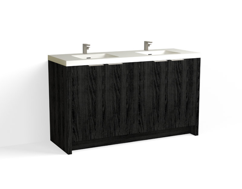 Mesa 60" W Freestanding Double Bathroom Vanity , White Matte, Nocino/Satin Brass, Single-Hole