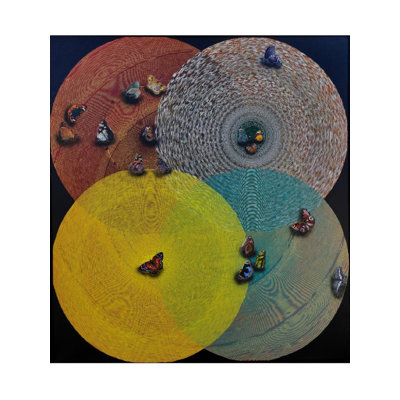 «Butterfly on Circle», peinture acrylique par Ghanshyam Gupta - art abstrait sur toile 70 po x 64 po avec cercles vibrants et motifs de papillons pour la décoration intérieure contemporaine