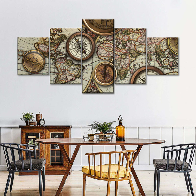 " Compass Collection World Map " by Tess P 5 - Pieces, 24" H x 55" W x 1.25" D