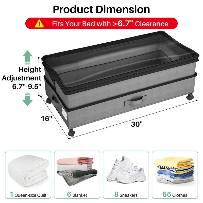 Rangement sous le lit avec roulettes, 2 paquets de rangement sous le lit à hauteur réglable, organisateur de rangement pour chaussures sous le lit avec fenêtre transparente et étiquette, convient au rangement des vêtements, gris