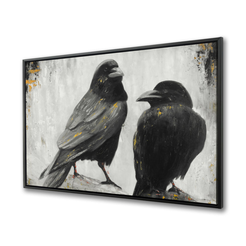 Two Crows Birds - Gray Hyperrealist Framed Canvas Art