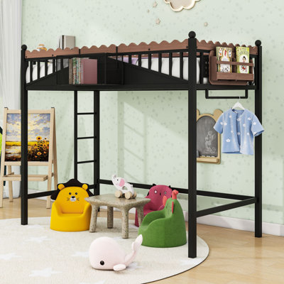 Lit mezzanine en métal peu encombrant avec tablettes de rangement intégrées