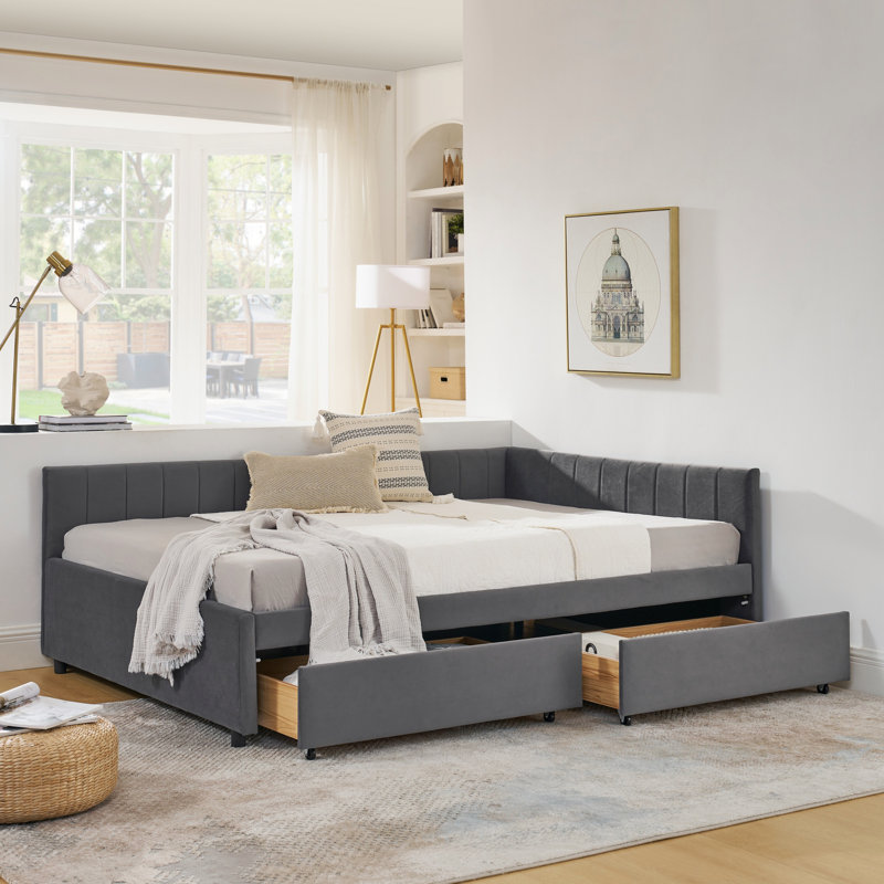 Structure de lit double capitonnée pleine grandeur avec deux tiroirs, structure de canapé-lit avec dossier confortable et accoudoirs, velours (79,5 po x 58 po x 25 po), cadre de lit