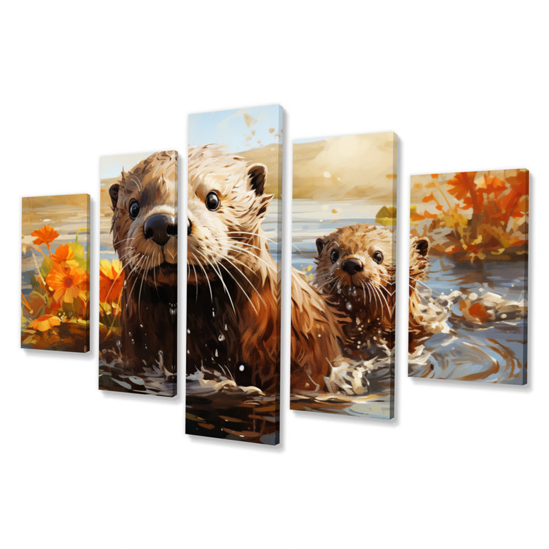  «Brown Otters Odyssey - Reproduction d'art mural animaux - 5 panneaux