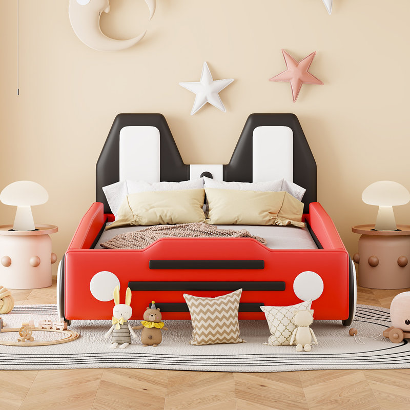Twin Race Car Bed for Kids, Red Car-Shaped Platform Bed with Wheels, Fun Twin Size Bed Frame, Red