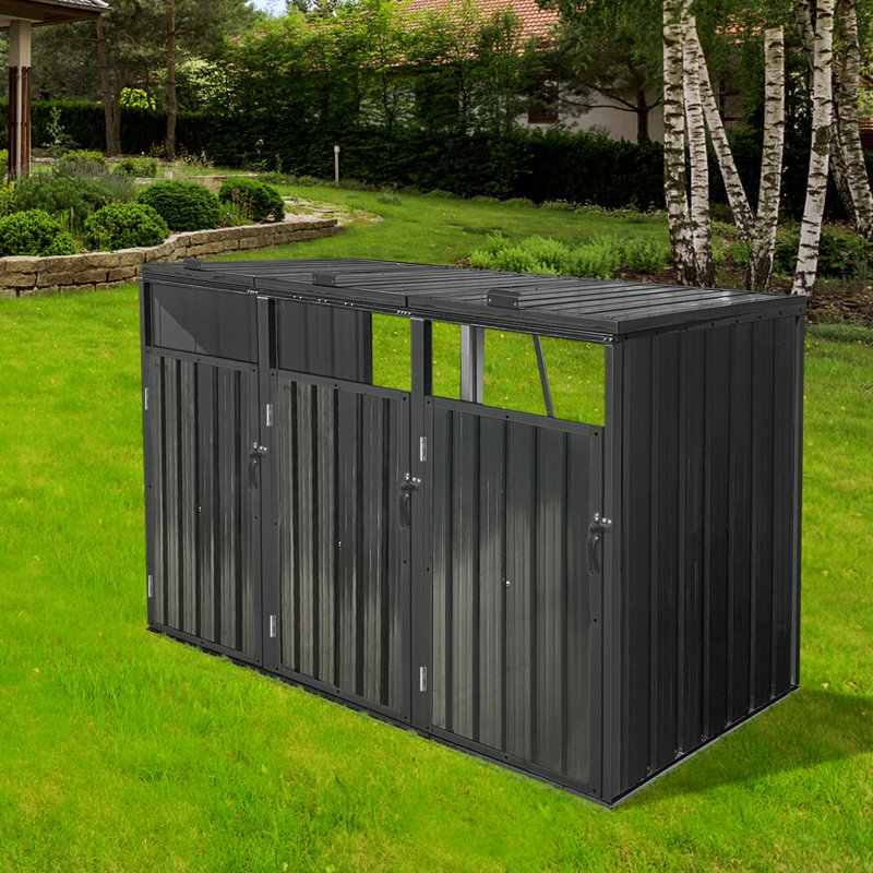 Garbage Bin Shed Stores 3 Trash Cans Metal Outdoor Bin Shed For Garbage Storage, 36.72" H x 87.42" W x 32.22" D, Black