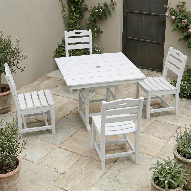5-Piece Outdoor Dining Set With Square Table And 4 Chairs And Umbrella Hole, 4, White