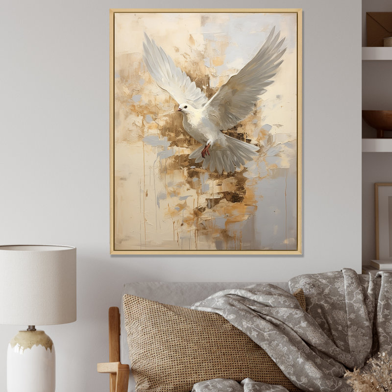 Minimalisme beige et colombe dorée sur toile, Cadre naturel flottant, H 20 po x l 12 po x P 1 po