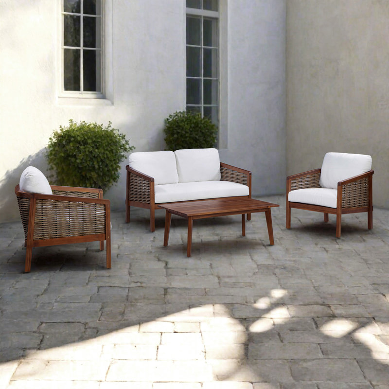 4-Piece Wooden Patio Conversation Set With Cushions & Matching Coffee Table