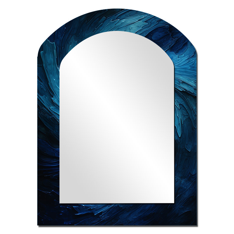 «Blue Swirl Wave Spiral I», miroir décoratif en arc abstrait en spirale, miroir mural asymétrique moderne, impression sur métal