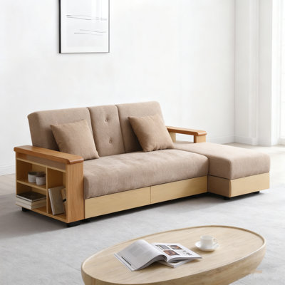 Light Brown Convertible Sleeper Sofa Couch - Double Folding, Storage Ottoman/drawers, Drop-down Table With 2 Cup Holders, Reversible Armrest