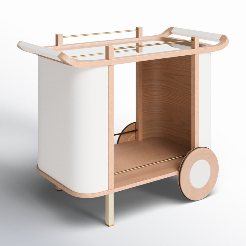 Nuetral Brown and Mirrored Solid Wood Bar Cart with Wheels
