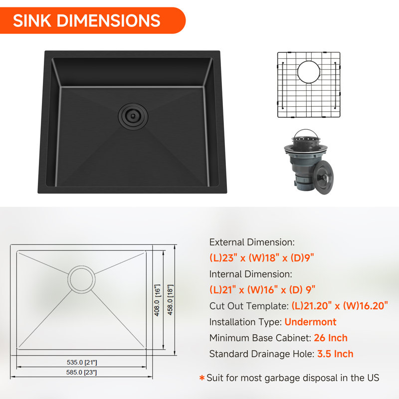 Blenzia 23 Inch Black Undermount 16 Gauge 304 Stainless Steel Gunmetal Black Handmade Kitchen Sink with Strainer & Grid 23" x 18" x 9"