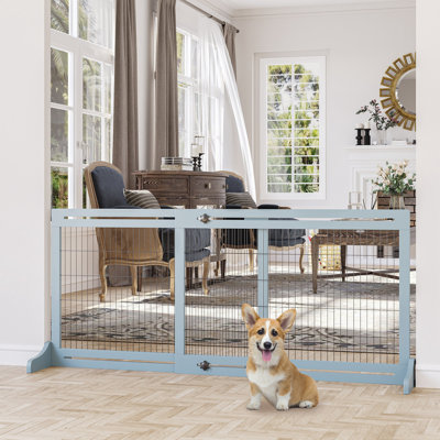 72" W Pet Gate - 27.06" H, Blue-Grey, Adjustable For Dogs & Cats, Construction With Wood Steel, Prevents Entry To Specific Areas, Easy Setup X H Gate, Freestanding, Isolation Enclosure, House,