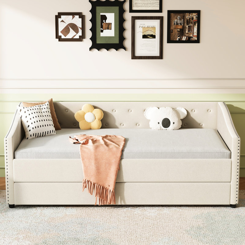 Twin Daybed With Trundle, Beige Linen Covered, Breathable Fabric And Foam Cushions, Wave Handrails Brass, Drawer Bed In Bedroom Furniture Setup Decorative