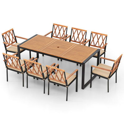  9 Pieces Patio Dining Set w/ Soft Cushions and 1.9'' Umbrella Hole for Garden