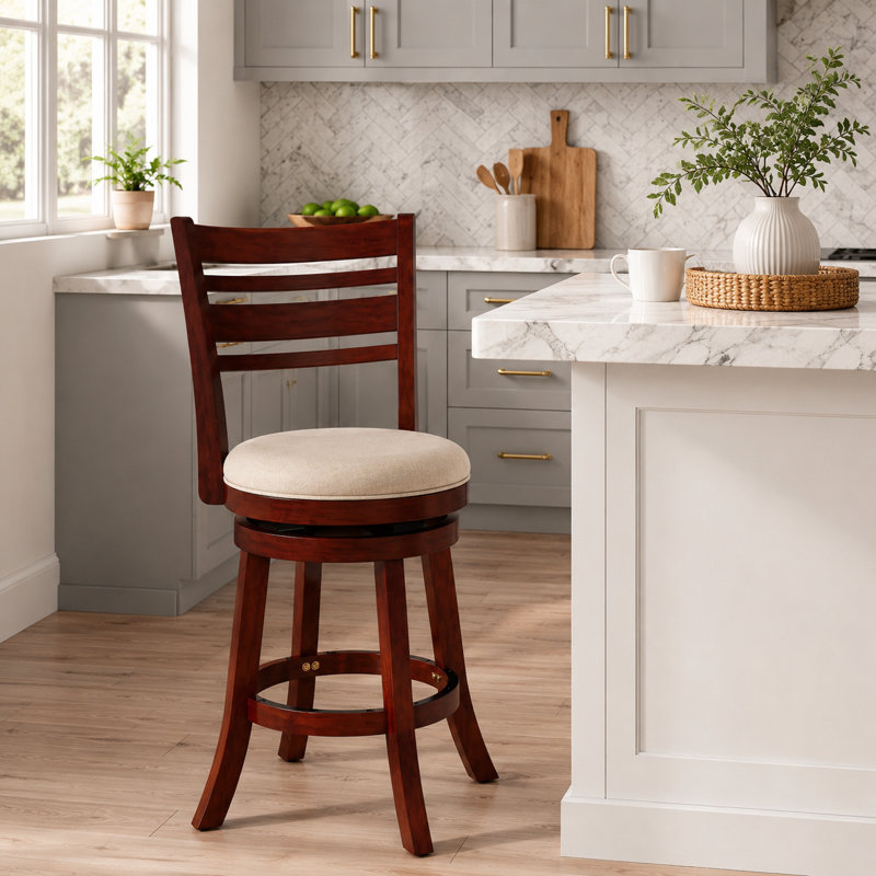 Tabouret de bar pivotant en merisier de 24 pouces avec assise rembourrée beige., Cerisier