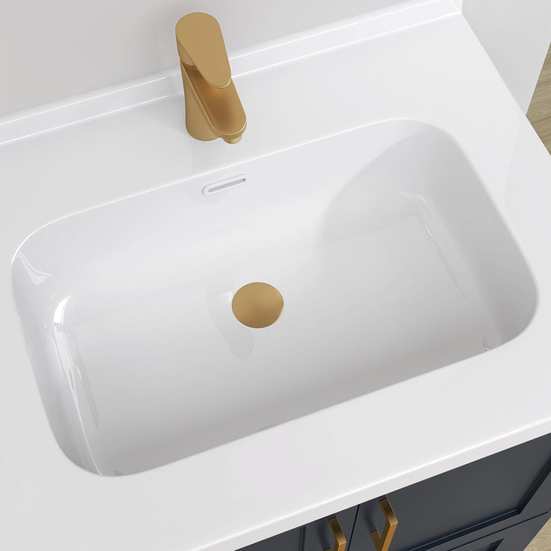 42 Inch Solid Surface Bathroom Vanity Top with Right SIde Integrated Sink, Bright White 2" Thick Modern Countertop, 1.38" Rear Backsplash, Smooth Edge Design, Waterproof & Easy Install