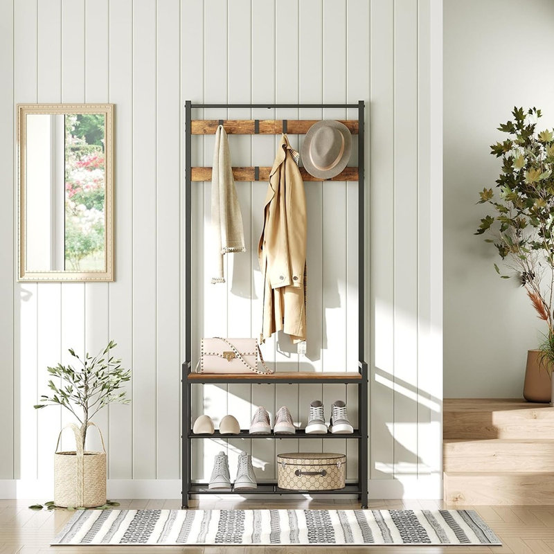 Banc d'entrée avec rangement pour chaussures, rangement multifonctionnel avec structure en métal et 8 crochets réglables - brun rustique