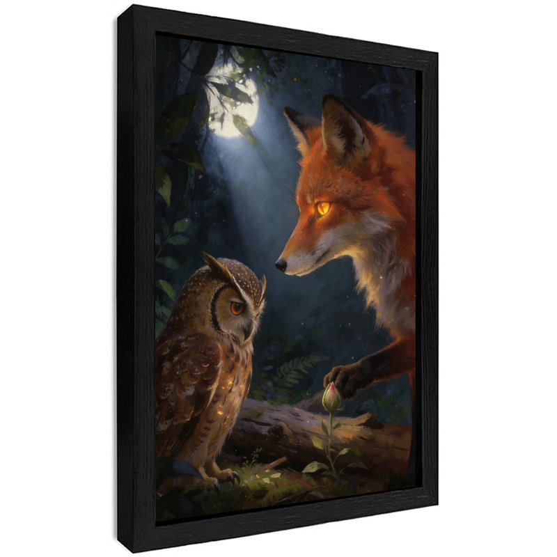 Reproduction d'art encadré noir hiboux et renards sous le clair de lune, H 11 po x l 9 po