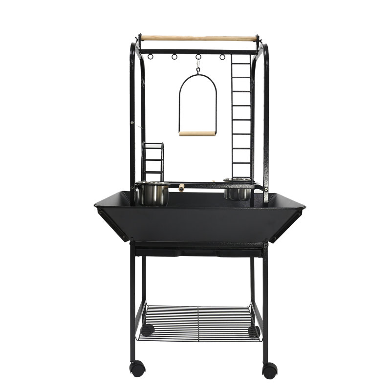Black Metal Parrot Play Stand with Ladders and Toy Hooks