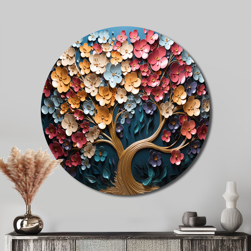 Arbre doré multicolore sur tons bleus - paysages d'art rond en métal, H 36 po x l 36 po