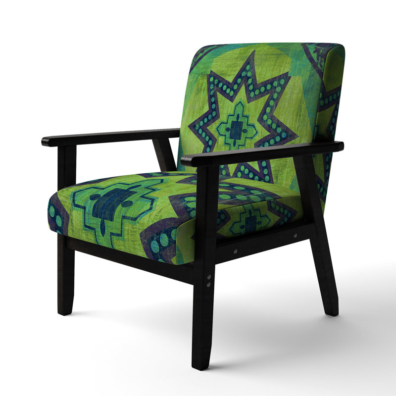 Gundry - Moroccan Orange Tiles Collage I - Upholstered Bohemian Chic Velvet Accent Arm Chair, Black, Green/Dark Green