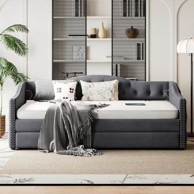 Gray, Twin Upholstered Daybed, Trundle, Charging, Wood Slat Bed Frame, Velvet Upholstery, Mid - Century Design, Nailhead Trimmed Waved Arms Support, Fabric, Style,
