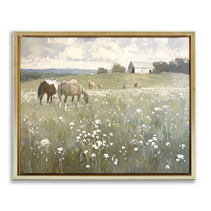 «Horses in Pasture» par Ramona Murdock, Cadre flottant métallique doré, H 25 po x l 31 po