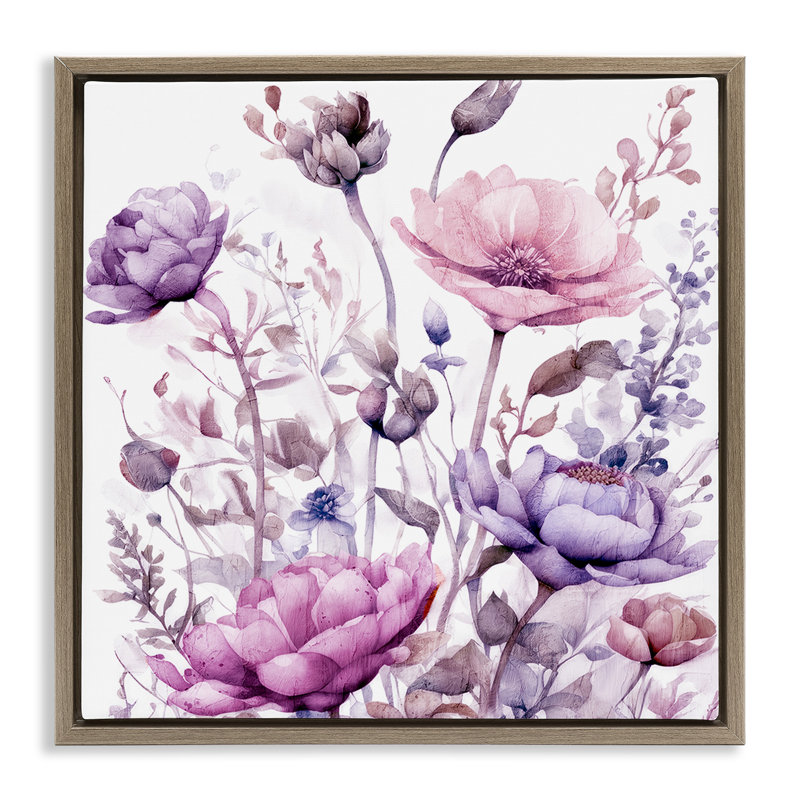 Cadre flottant fleurs mauves et roses, design par Kim Lewis, H 25 po x l 25 po, Montalcino orme flottant encadré