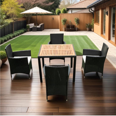 Black Wicker + Creme Cushion Eelifee 5 Piece Outdoor Patio Wicker Dining Set Patio Wicker Furniture Dining Set W/Acacia Wood Top