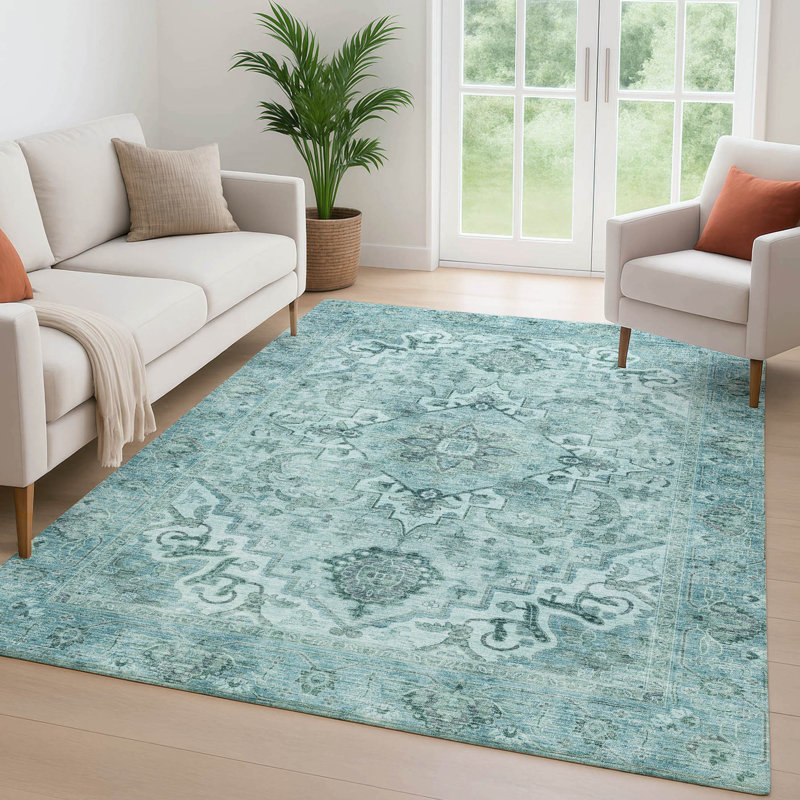 Premium Machine Washable Mayfield AMF2164 global Rug, Teal, Rectangle 8' x 10'