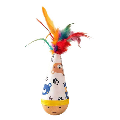 cat teaser Natural Beechwood Cats Toy Tumbler Wobble Toy For Indoor Cats Small Dogs Selfs Righting Interactive Toy With Colorful Feathers Silent Battery-Free Play