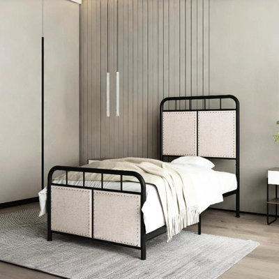 Twin Linen - Covered Metal Platform Bed, Head And Foot Fabric Pieces, Stable System, Quiet Reliable Use, Straightforward Assembly With All Parts, Compatible Mattress Kinds, 8 Inch Requirement Wrapped