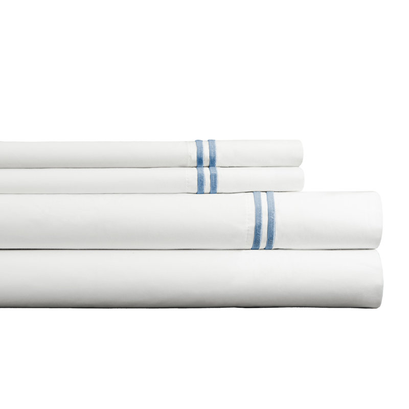 Pointehaven 300 TC Percale 100% Long Staple Cotton Double Satin Stitch Oversized Sheet Set, Blue/White, King Sheet Set