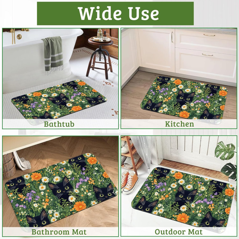 Mignon chat fleurs tapis de salle de bain antidérapant lavable à séchage rapide tapis de bain mince tapis pour salle de bain, lavabo, salle de douche, décorations de Noël, 17 po x 29,5 po