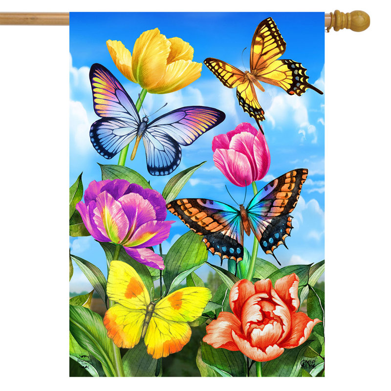Drapeau de maison papillons et tulipes, Blue/Purple/Yellow Spring