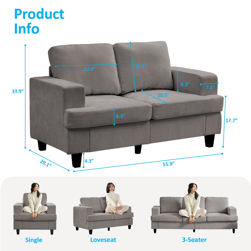 Modern 56" Chenille Loveseat Sofa, Compact 2-seater With Solid Wood Frame For Small Spaces & Apartments, Gray