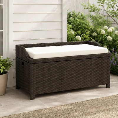 Banc de rangement extérieur en rotin en PE avec doublure imperméable et coussin moelleux