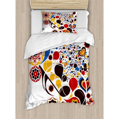 Abstract Colorful Graphic Design of Floral Motifs Hearts Music Notes Dots Ornamental Art Duvet Cover Set -  Ambesonne, nev_30969_twin