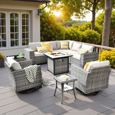 Ensemble de conversation modulaire en osier / rotin pour 7 personnes avec chaises pivotantes Baili, ensemble de conversation modulaire moderne avec coussins