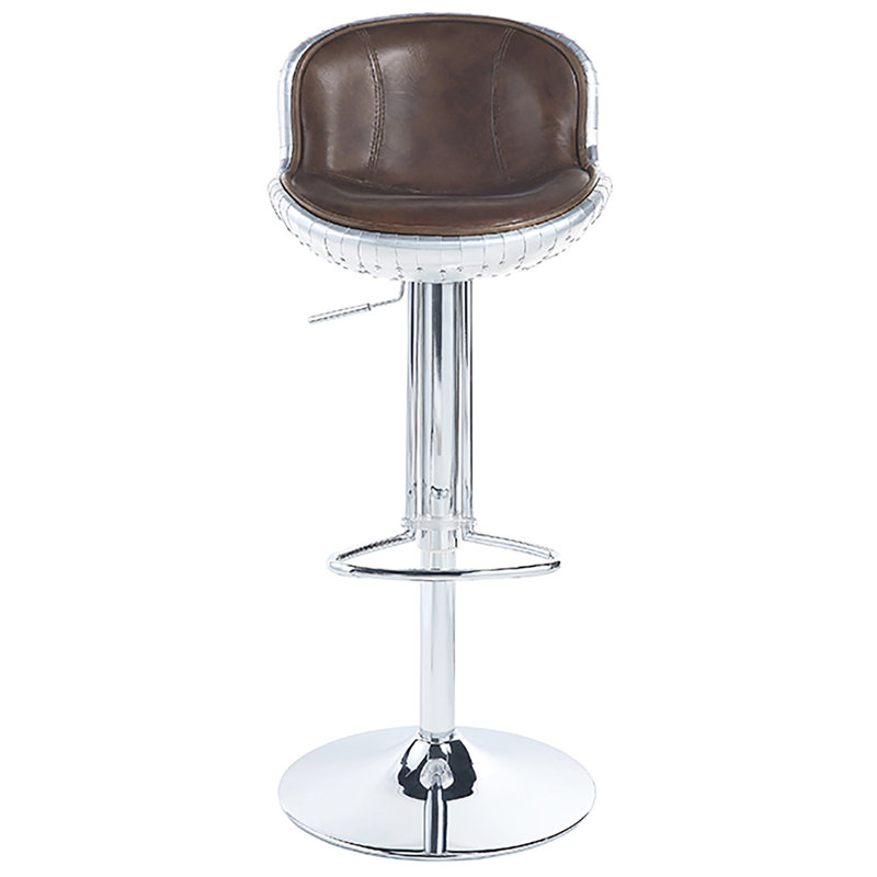 Tabouret rembourré en cuir brun - Design rétro, patchwork d'aluminium, support en métal pour salle à manger réglable avec patchwork et bas