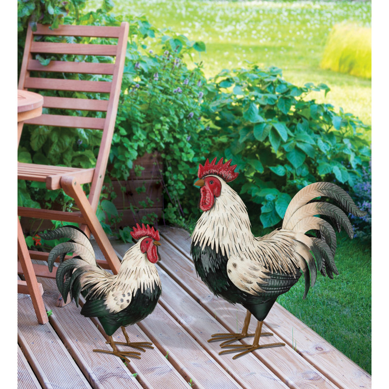Large Green and White Metal Rooster Decor